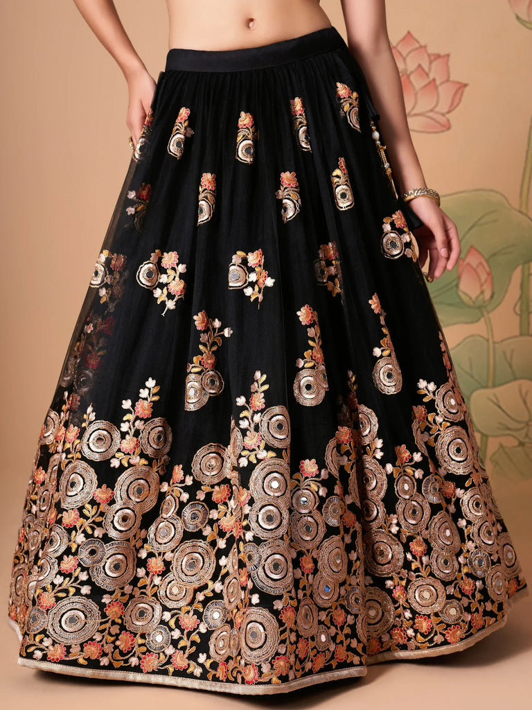 Graceful Black Embroidered Net Reception Wear Plus Size Lehenga Choli