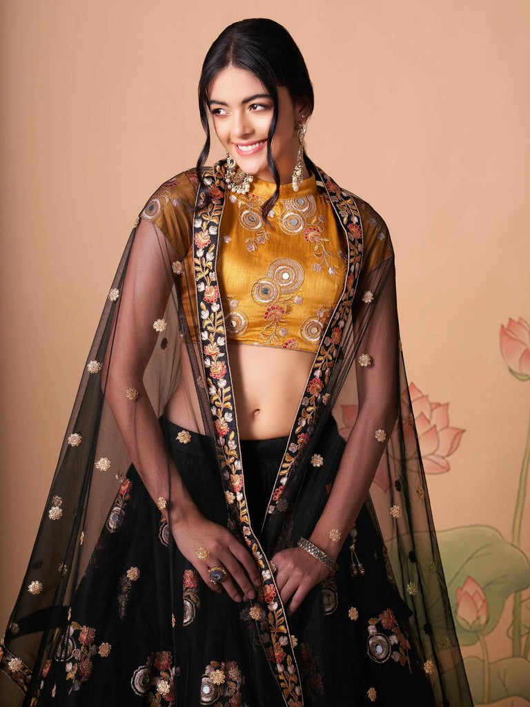 Glamorous Black Dori Embroidery Net Designer Lehenga Choli
