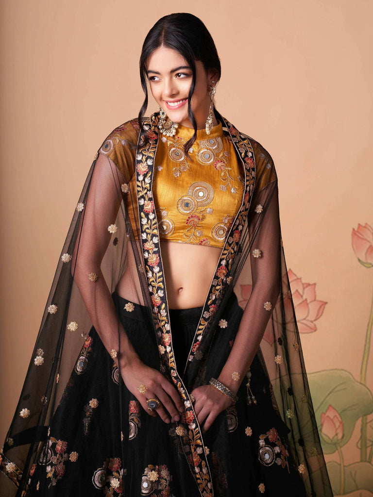 Graceful Black Embroidered Net Reception Wear Plus Size Lehenga Choli