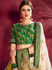 Cream-Green Floral Print Banglori Silk Bridal Lehenga Choli With Beige Dupatta