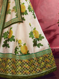 Cream-Green Floral Print Banglori Silk Bridal Lehenga Choli With Beige Dupatta