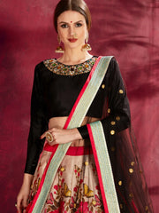 Multi Color Floral Printed Banglory Silk Bridal Lehenga Black Choli And Dupatta