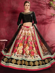 Multi Color Floral Printed Banglory Silk Bridal Lehenga Black Choli And Dupatta