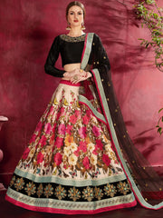 Multi Color Floral Printed Banglory Silk Bridal Lehenga Black Choli And Dupatta