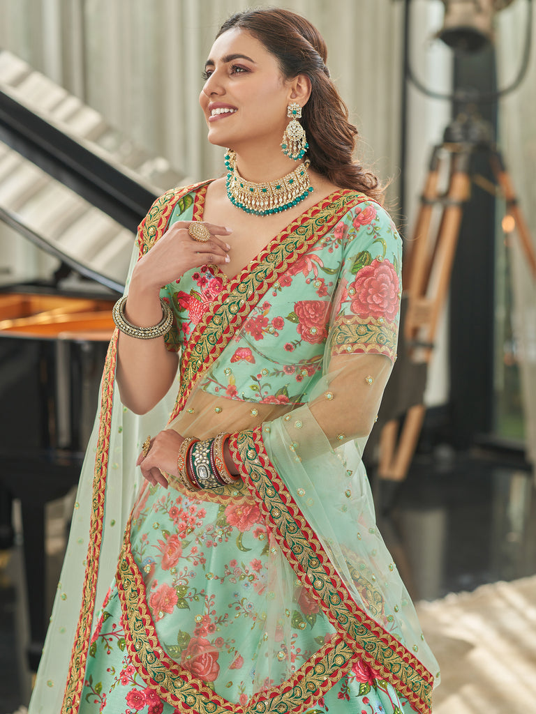 Spectacular Mint Green Floral Printed Art Silk Lehenga Choli