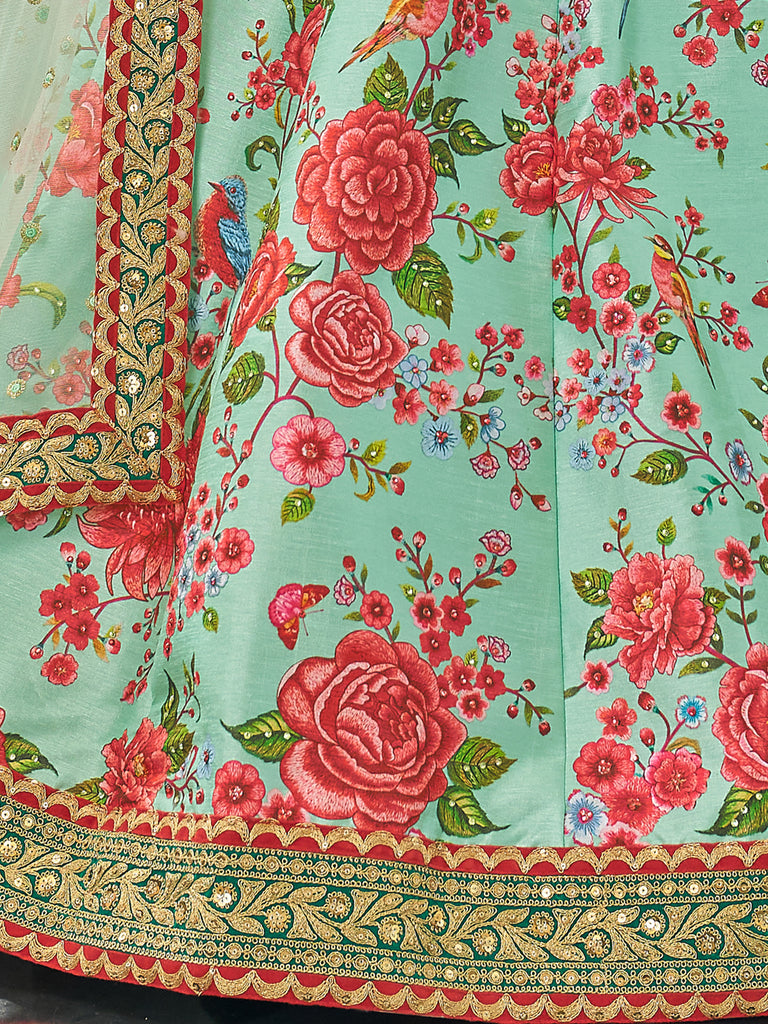 Spectacular Mint Green Floral Printed Art Silk Lehenga Choli