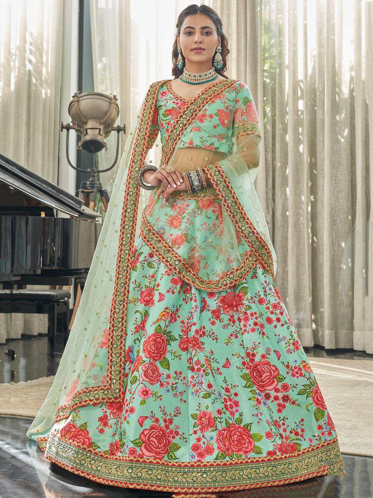 Spectacular Mint Green Floral Printed Art Silk Lehenga Choli