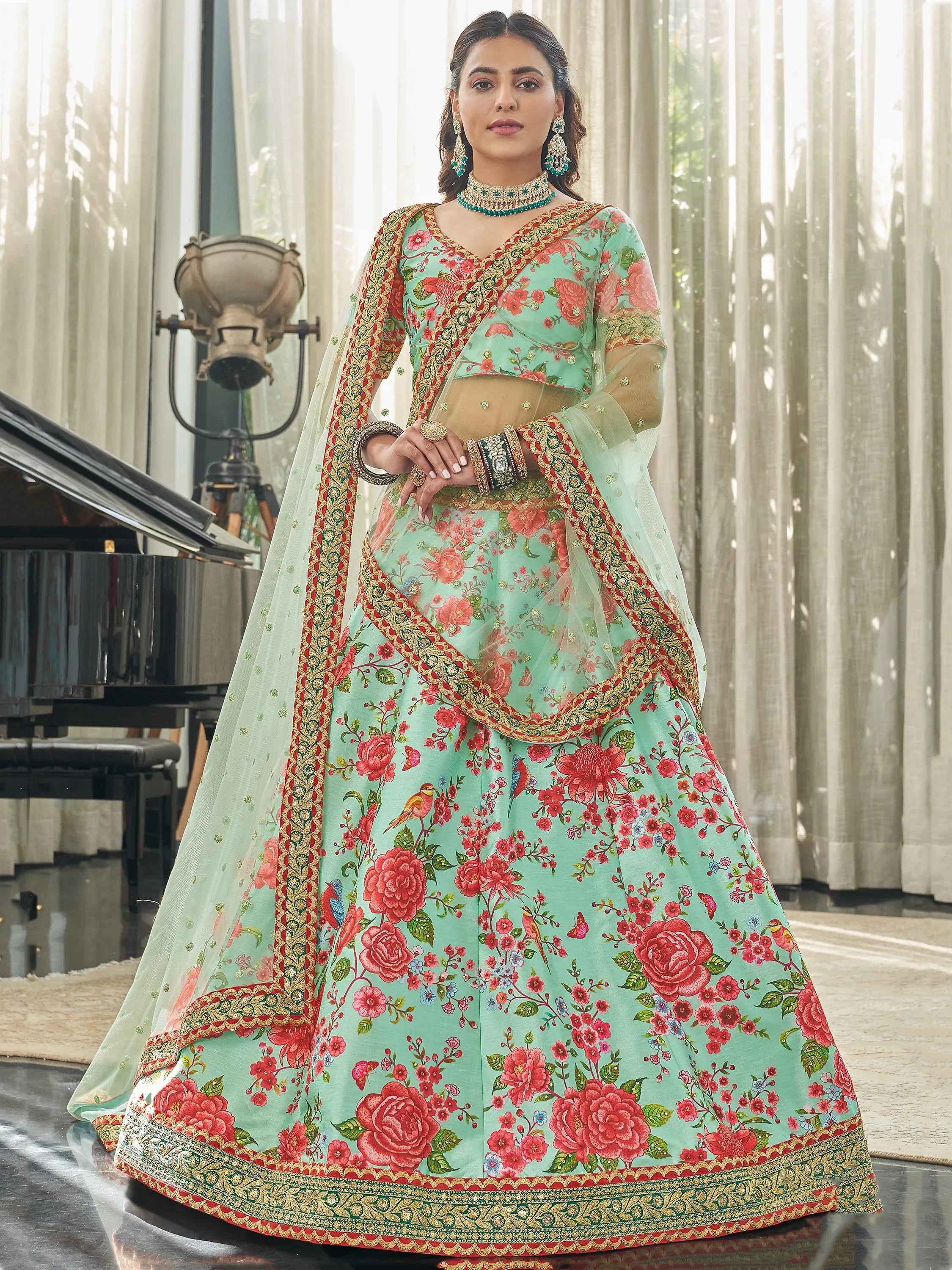 Spectacular Mint Green Floral Printed Art Silk Lehenga Choli