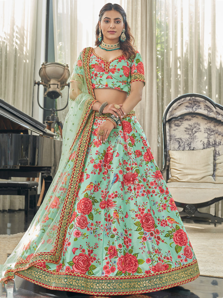 Spectacular Mint Green Floral Printed Art Silk Lehenga Choli