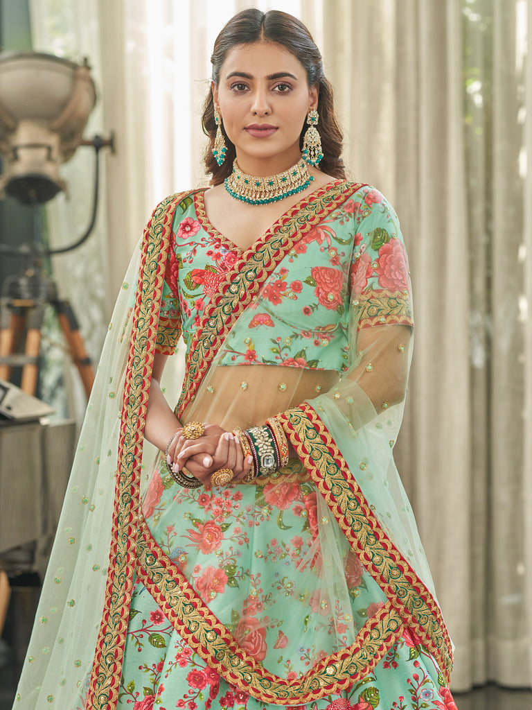 Spectacular Mint Green Floral Printed Art Silk Lehenga Choli