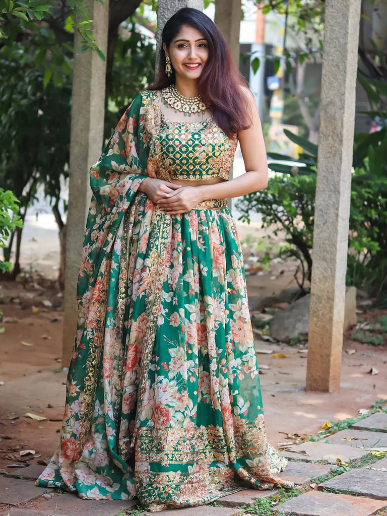 Attractive Green Floral Printed Organza Wedding Wear Lehenga Choli