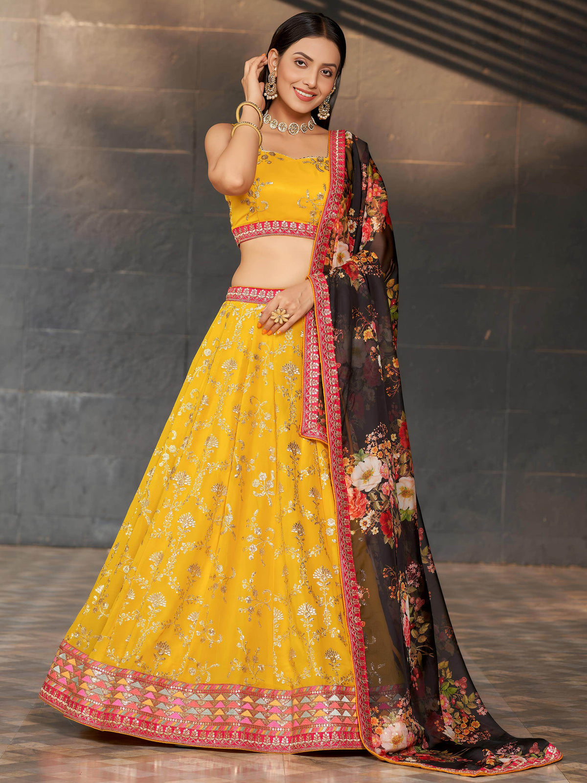 Astonishing Yellow Sequins Georgette Haldi Wear Lehenga Choli