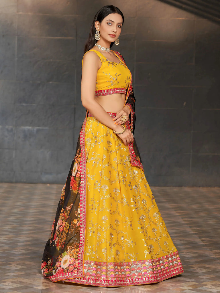 Astonishing Yellow Sequins Georgette Haldi Wear Lehenga Choli
