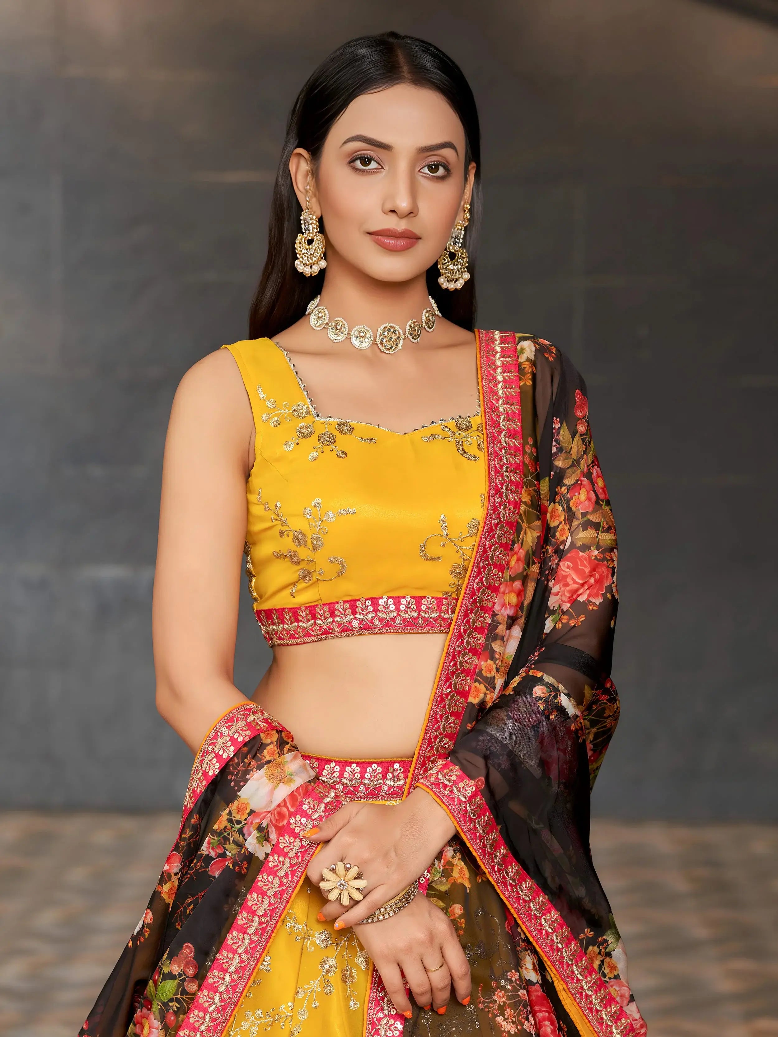 Astonishing Yellow Sequins Georgette Haldi Wear Lehenga Choli