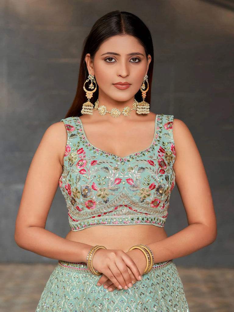Awesome Sky-Blue Sequins Georgette Engagement Wear Lehenga Choli