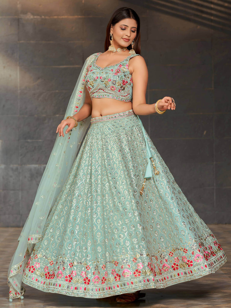 Awesome Sky-Blue Sequins Georgette Engagement Wear Lehenga Choli