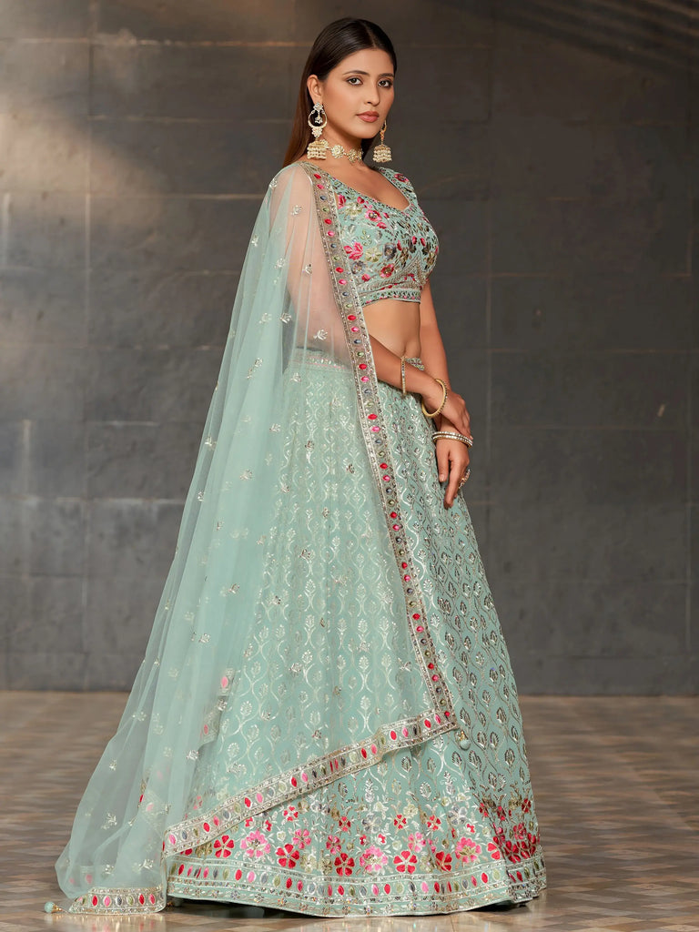 Awesome Sky-Blue Sequins Georgette Engagement Wear Lehenga Choli