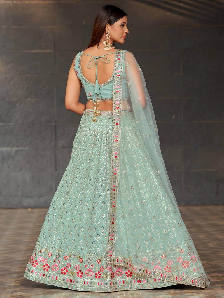 Awesome Sky-Blue Sequins Georgette Engagement Wear Lehenga Choli