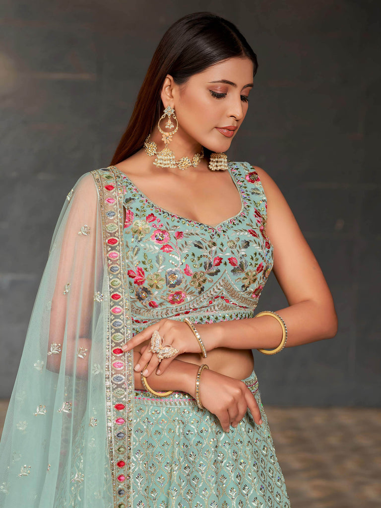 Awesome Sky-Blue Sequins Georgette Engagement Wear Lehenga Choli