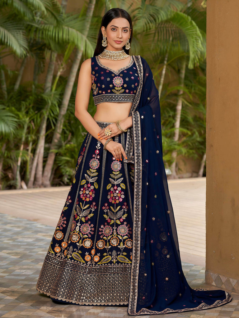 Amazing Navy Blue Thread Embroidered Georgette Lehenga Choli