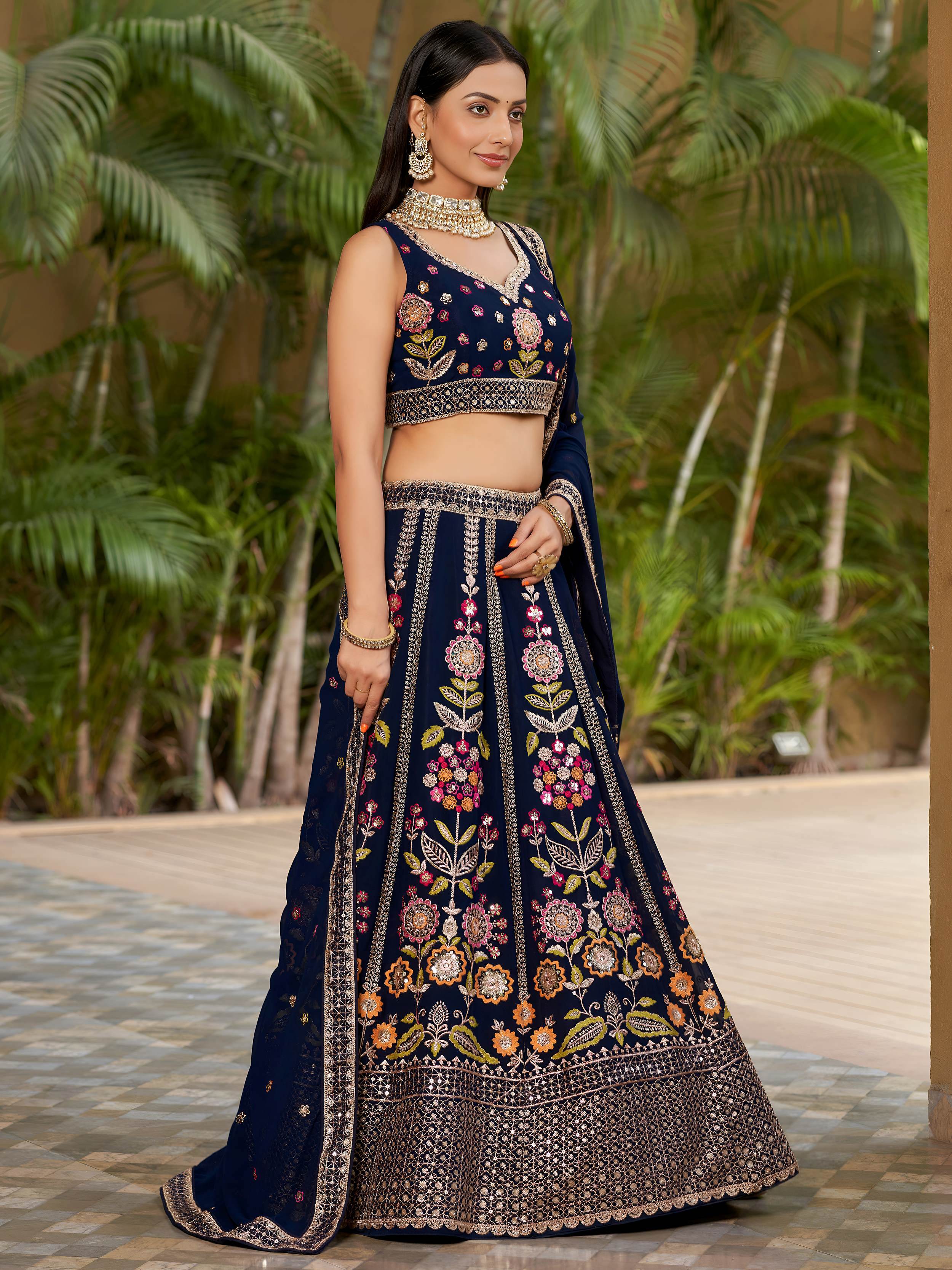 Amazing Navy Blue Thread Embroidered Georgette Lehenga Choli