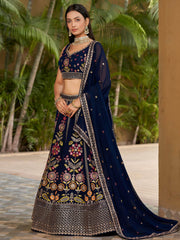 Amazing Navy Blue Thread Embroidered Georgette Lehenga Choli