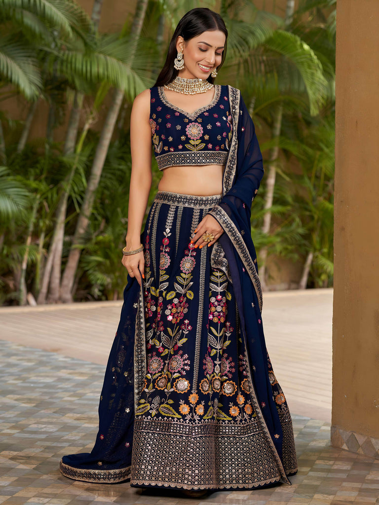 Amazing Navy Blue Thread Embroidered Georgette Lehenga Choli