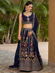 Amazing Navy Blue Thread Embroidered Georgette Lehenga Choli