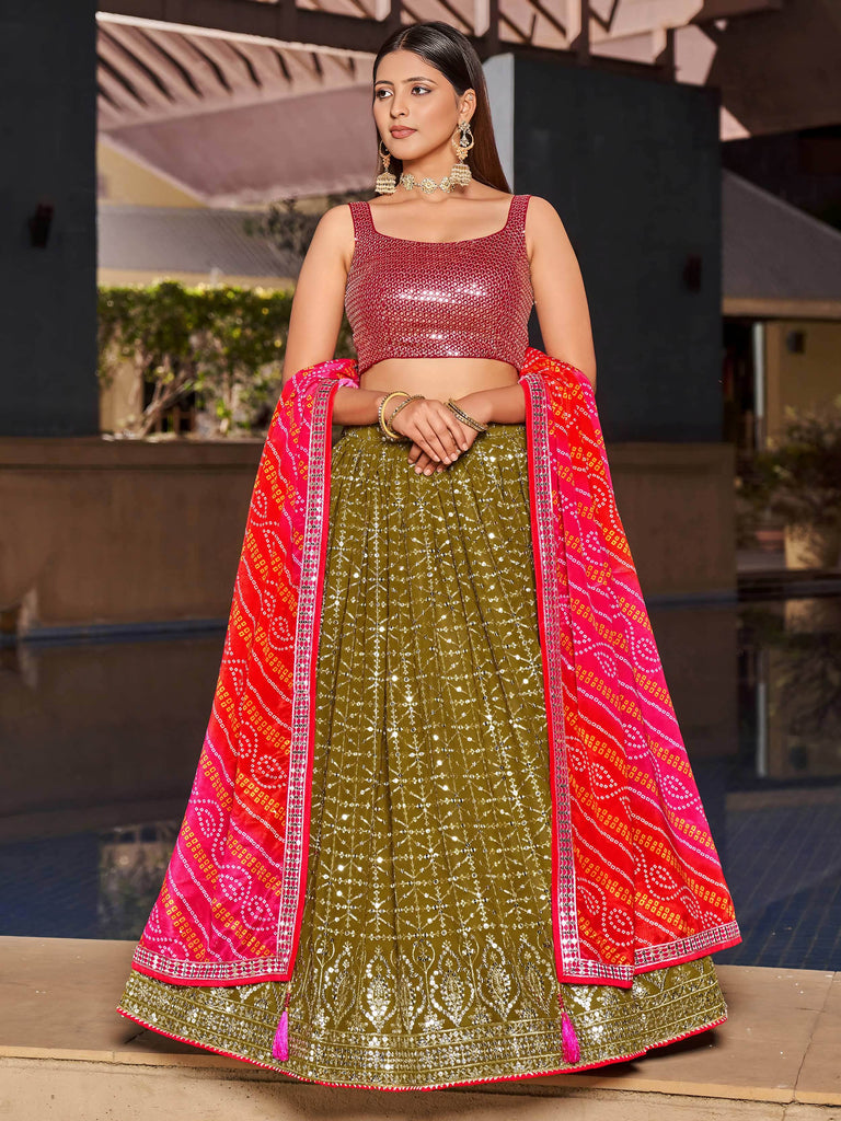 Marvelous Olive Green Sequins Georgette Sangeet Wear Lehenga Choli