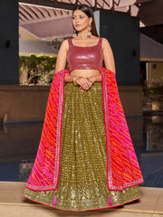 Marvelous Olive Green Sequins Georgette Sangeet Wear Lehenga Choli