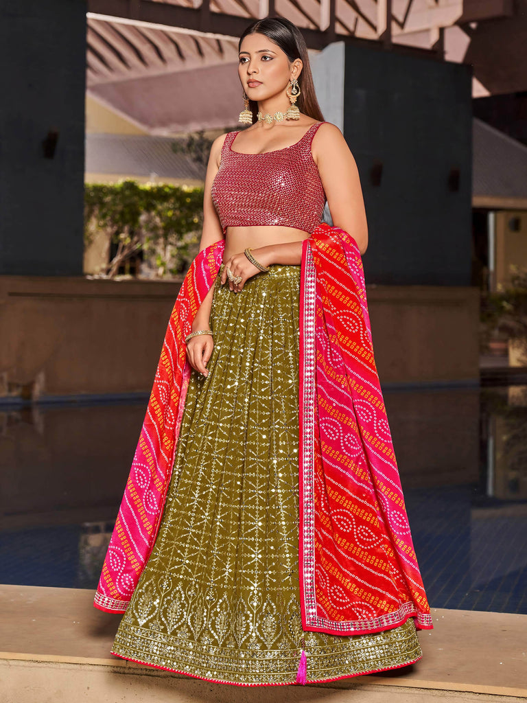 Marvelous Olive Green Sequins Georgette Sangeet Wear Lehenga Choli
