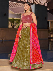 Marvelous Olive Green Sequins Georgette Sangeet Wear Lehenga Choli