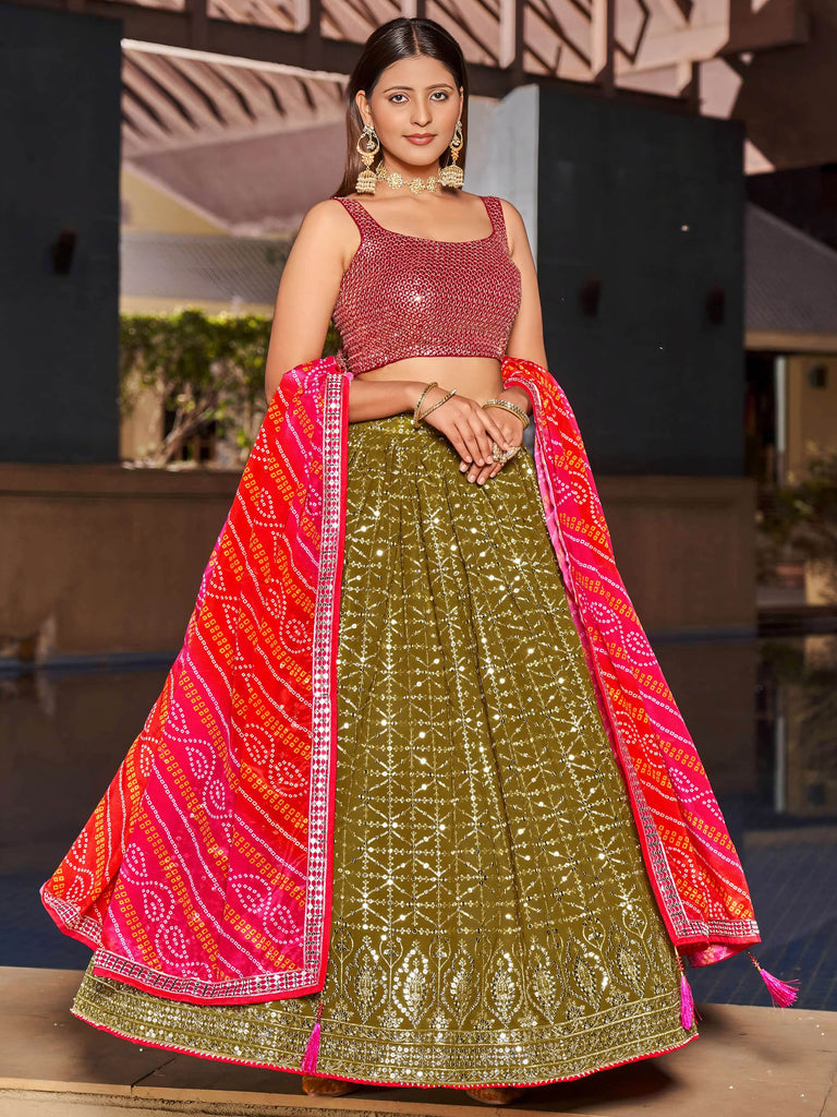 Marvelous Olive Green Sequins Georgette Sangeet Wear Lehenga Choli
