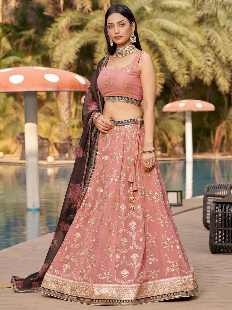 Wonderful Pink Thread Work Georgette Function Wear Lehenga Choli