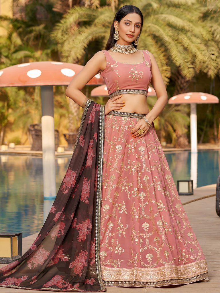 Wonderful Pink Thread Work Georgette Function Wear Lehenga Choli