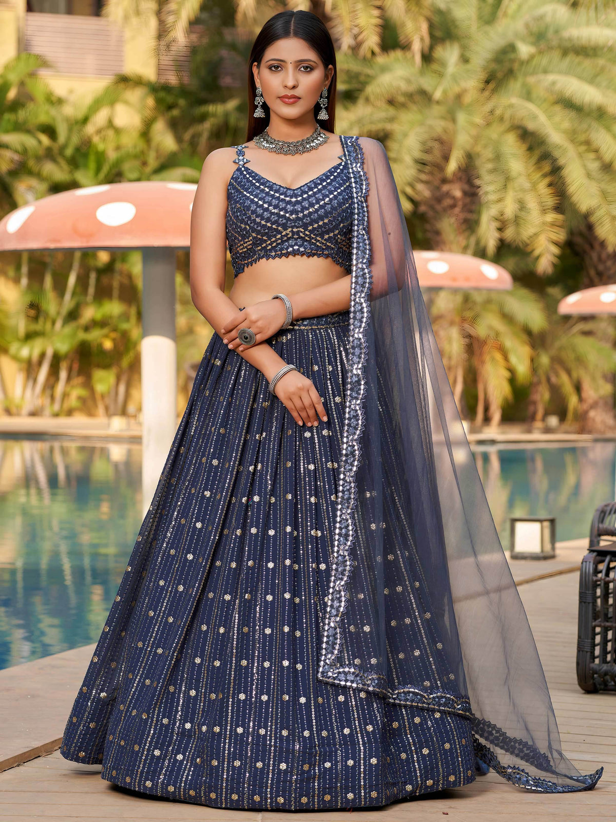 Fantastic Grey Sequins Georgette Reception Wear Lehenga Choli
