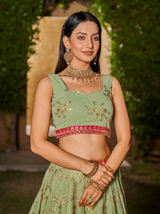 Incredible Pista Green Sequins Georgette Lehenga Choli With Dupatta