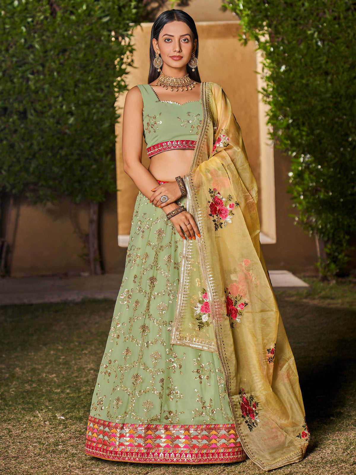 Incredible Pista Green Sequins Georgette Lehenga Choli With Dupatta