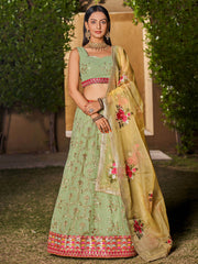 Incredible Pista Green Sequins Georgette Lehenga Choli With Dupatta