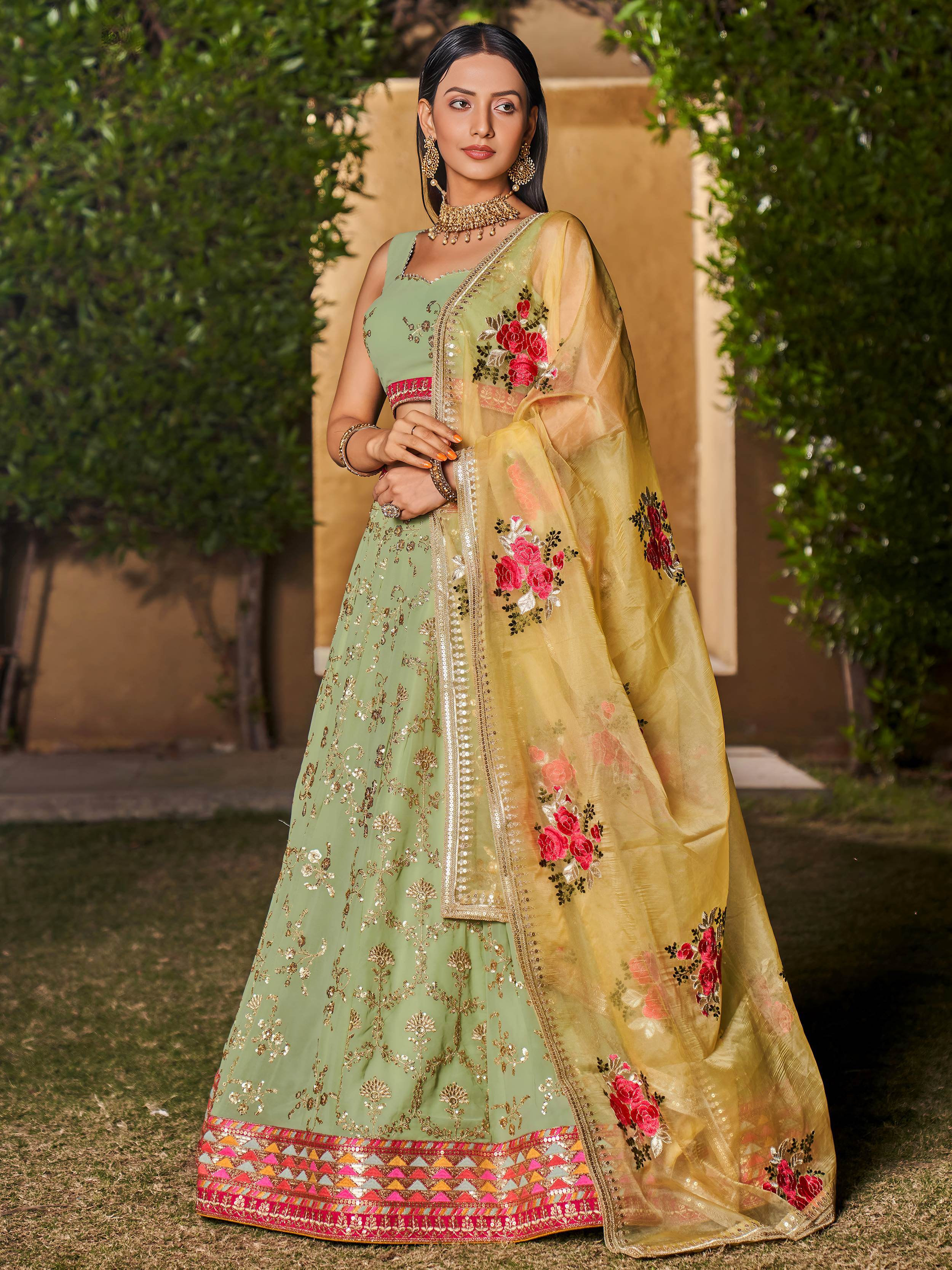 Incredible Pista Green Sequins Georgette Lehenga Choli With Dupatta