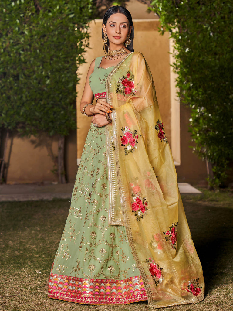 Incredible Pista Green Sequins Georgette Lehenga Choli With Dupatta