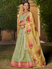 Incredible Pista Green Sequins Georgette Lehenga Choli With Dupatta