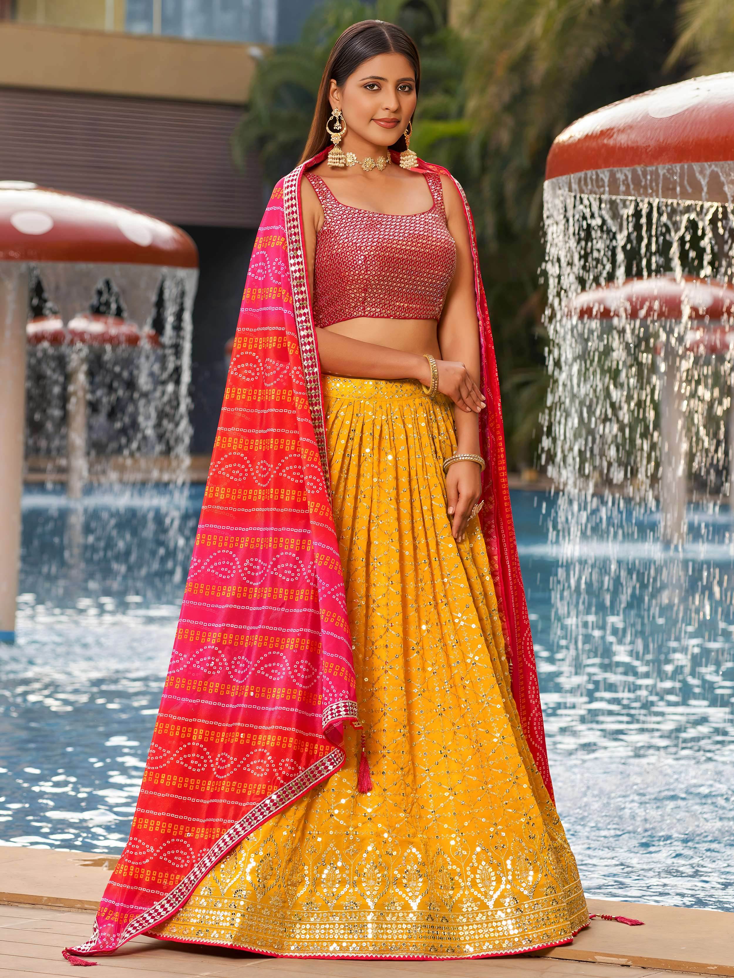 Gorgeous Yellow Sequins Georgette Haldi Wear Lehenga Choli