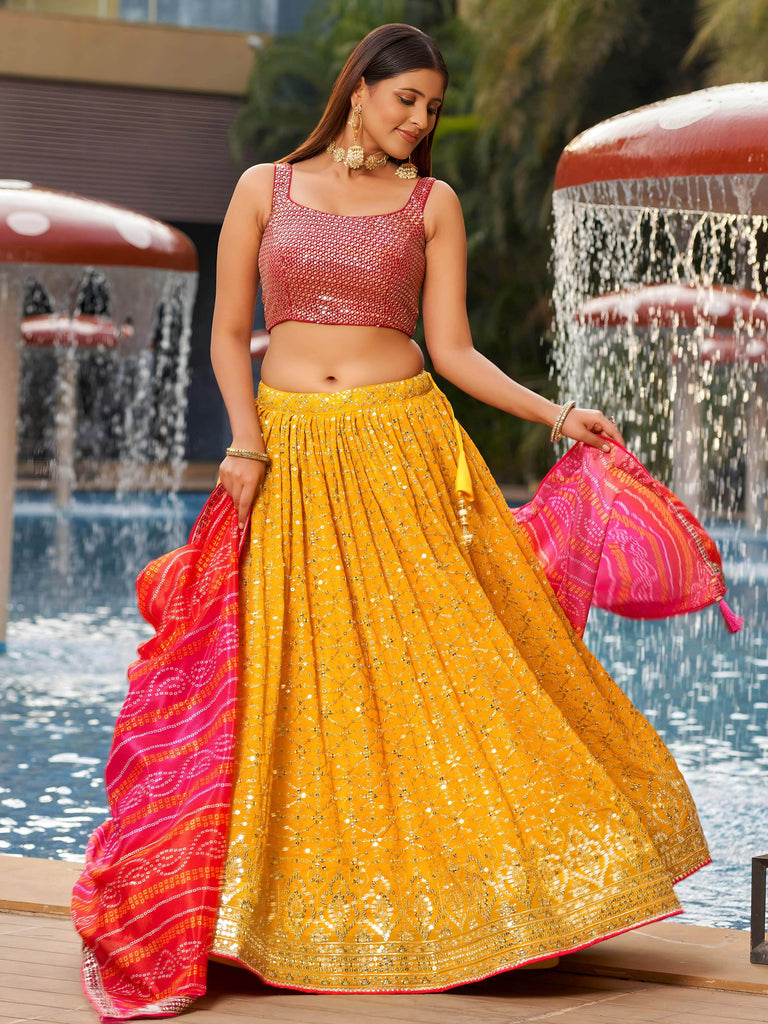 Gorgeous Yellow Sequins Georgette Haldi Wear Lehenga Choli