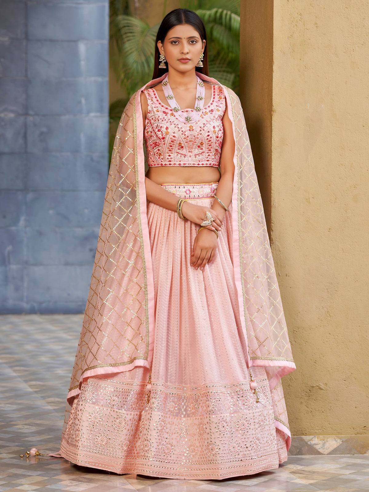 Beautiful Pink Sequins Art Silk Bridesmaid Lehenga Choli With Dupatta