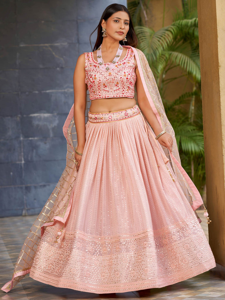 Beautiful Pink Sequins Art Silk Bridesmaid Lehenga Choli With Dupatta