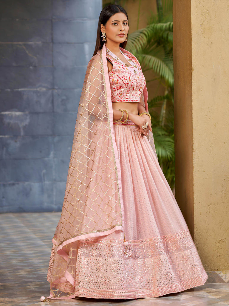 Beautiful Pink Sequins Art Silk Bridesmaid Lehenga Choli With Dupatta