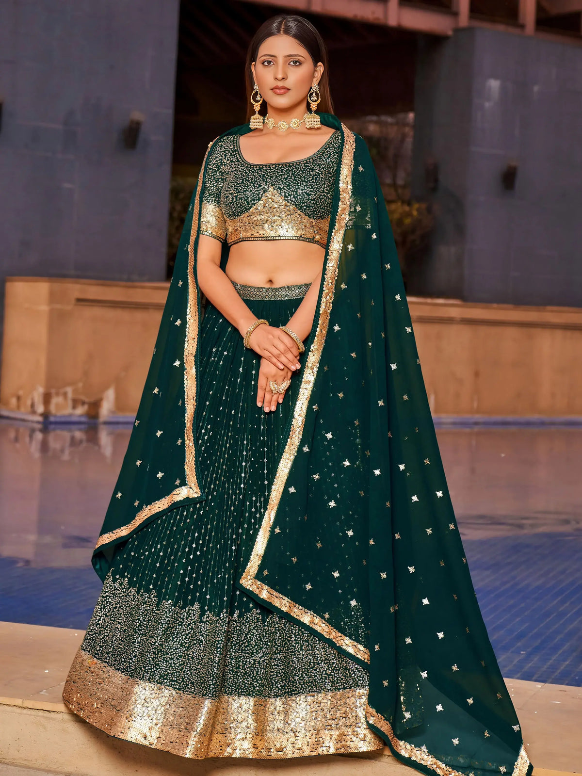 Stunning Green Sequins Georgette Reception Wear Lehenga Choli