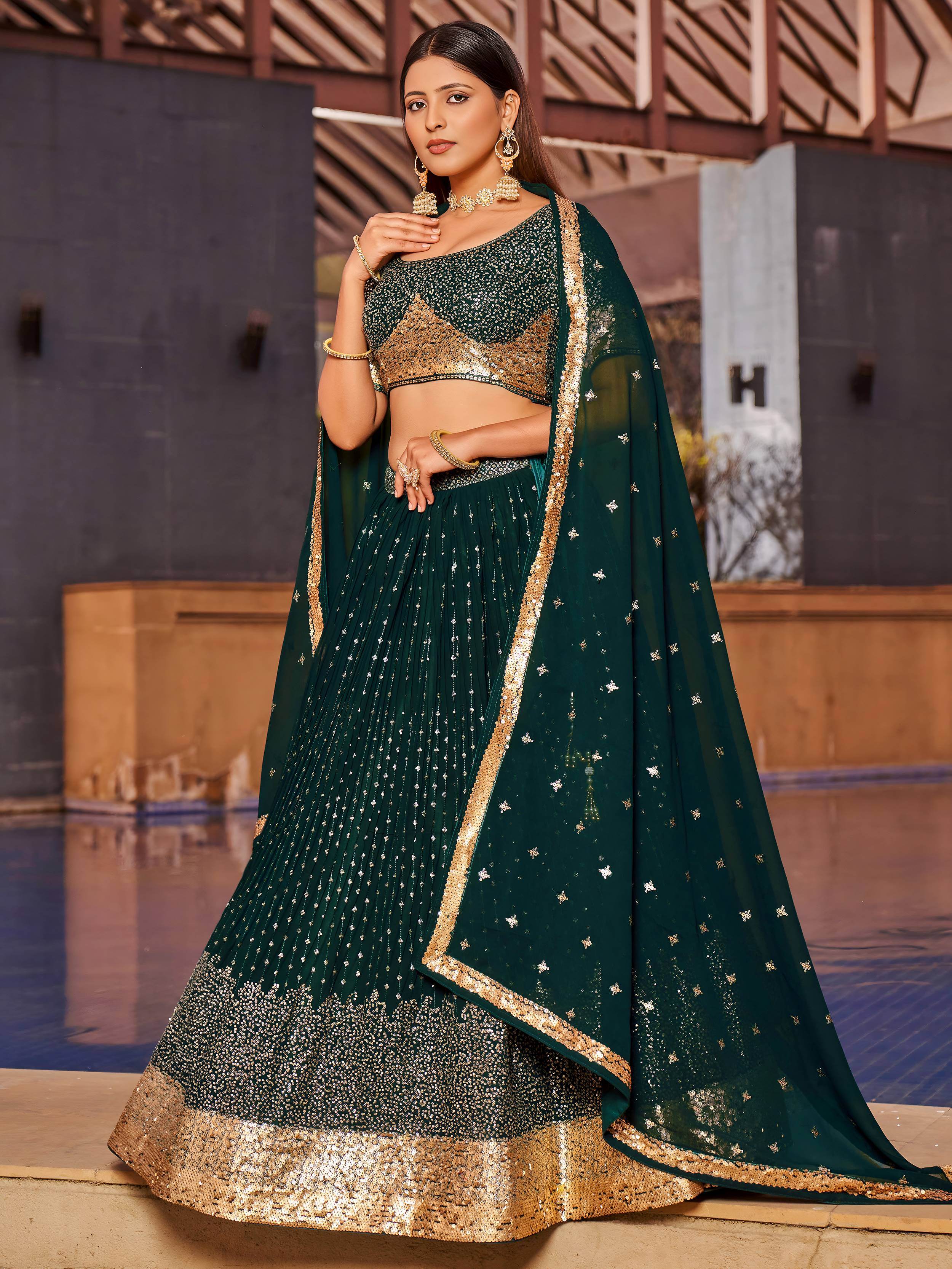 Stunning Green Sequins Georgette Reception Wear Lehenga Choli