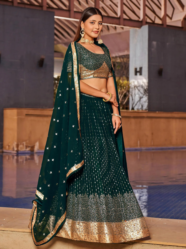 Stunning Green Sequins Georgette Reception Wear Lehenga Choli